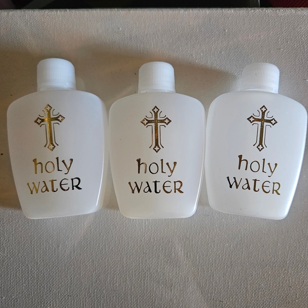 White Holy Water Bottles with Gold Cross Design